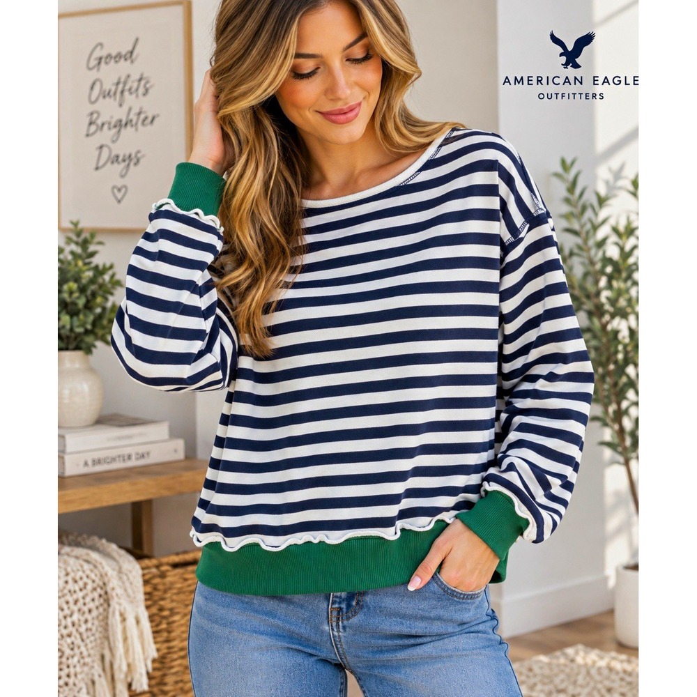 American Eagle Outfitters Women’s Crewneck Striped Sweatshirt Navy XS